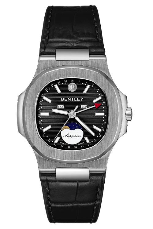 Timing Essence – SS Black Moonphase Leather MENS WATCH