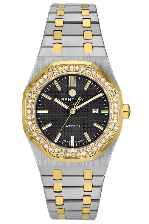 Masterful Style – Gold Two-Tone Sapphire Auto MENS WATCH
